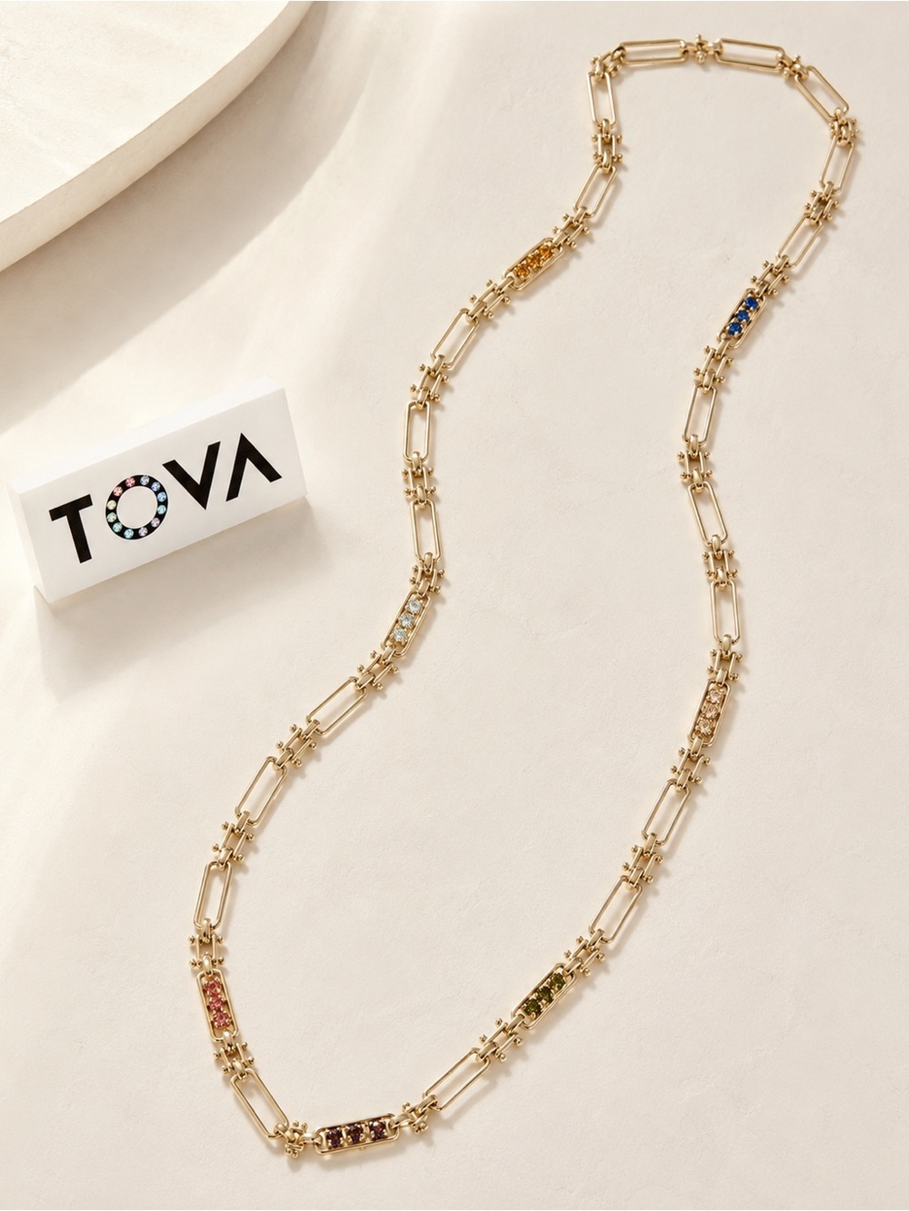 Tova Long or wear double Gold Link Necklace with multi stones
